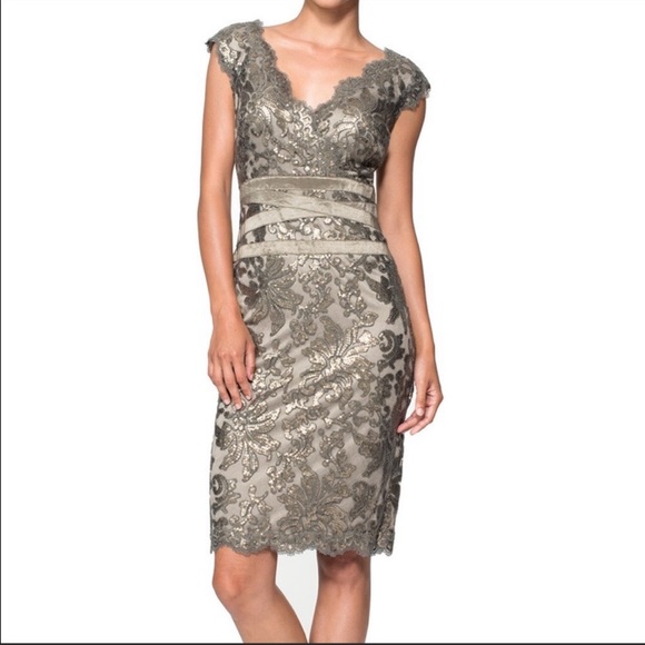 Tadashi Shoji Paillette Lace Dress Smoke Pearl 4 - Picture 2 of 11